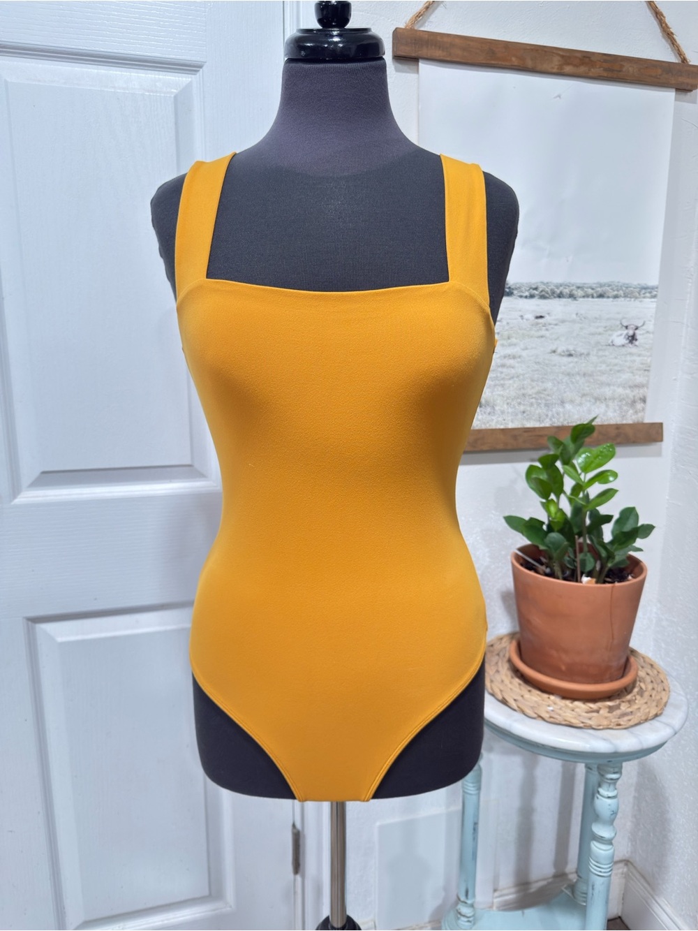 Seamless Mustard Yellow Square Neck Bodysuit by Abercrombie